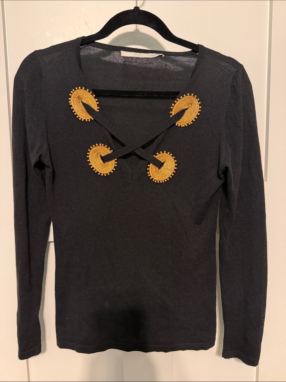 Trina Turk Vintage Y2K Black V-Neck Sweater with Gold Embroidered Accents